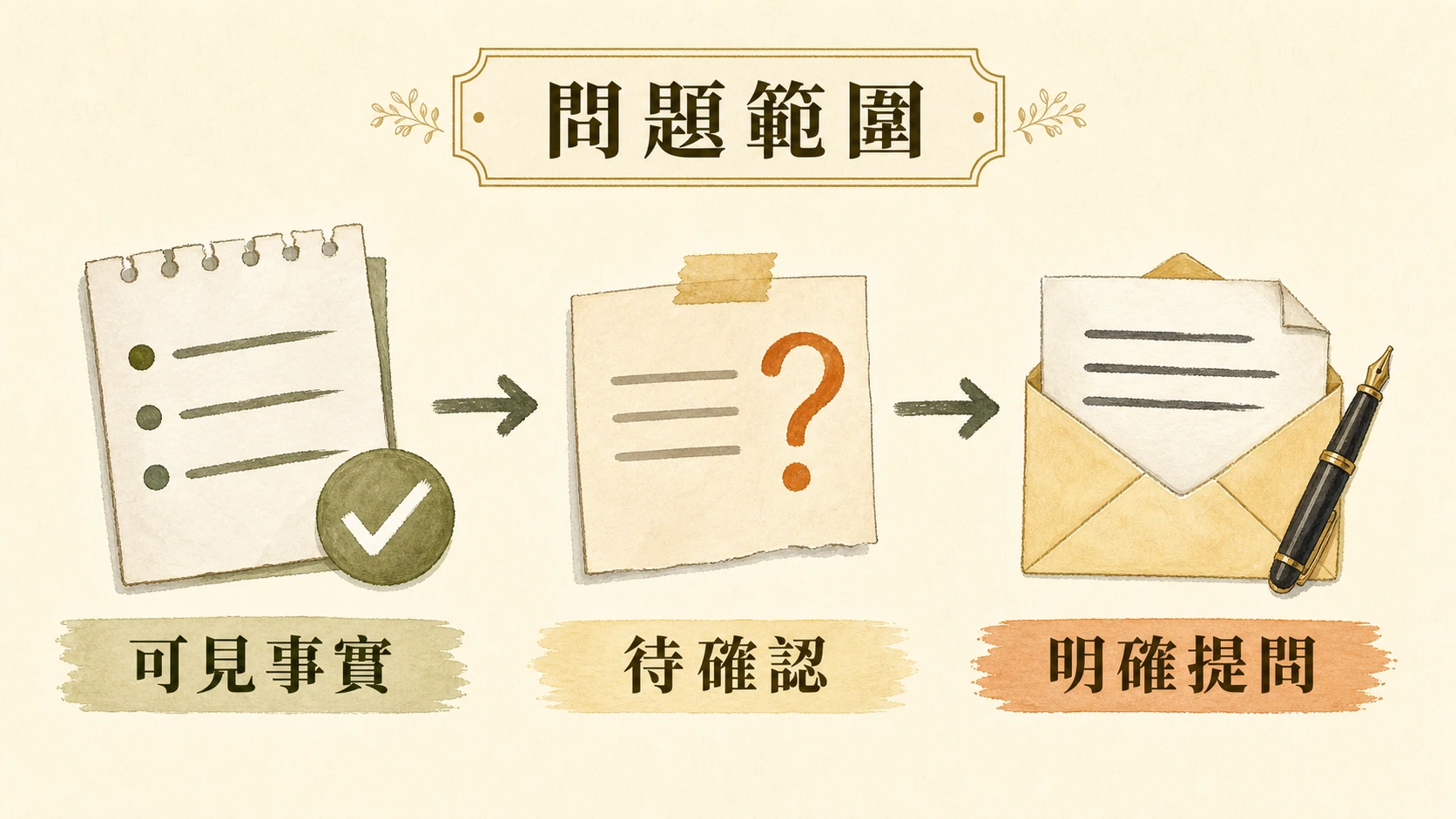 問題範圍流程圖:可見事實、待確認、明確提問。