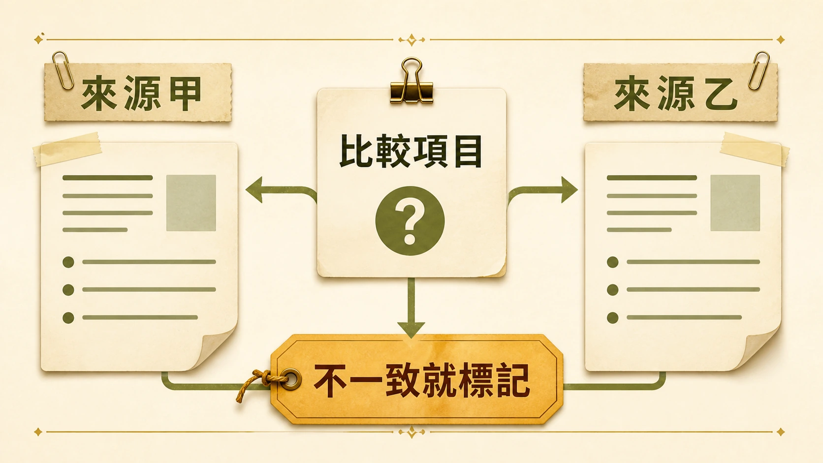 同一比較項目分別核對來源甲和來源乙，並標記不一致處的流程圖