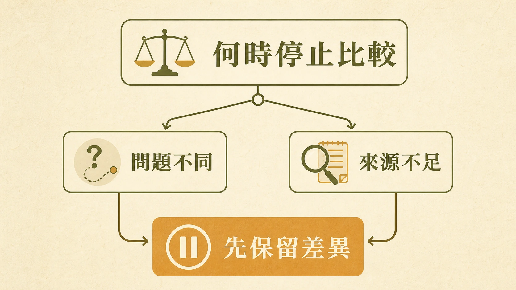 問題不同或來源不足時先保留差異的比較停止流程圖