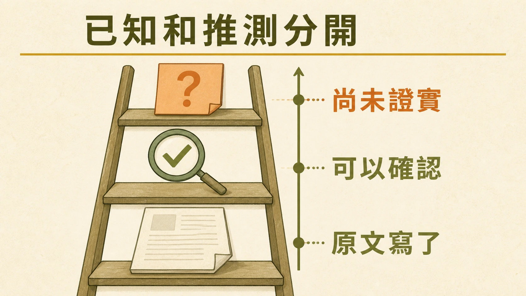 原文寫了、可以確認與尚未證實三層證據的資訊階梯圖