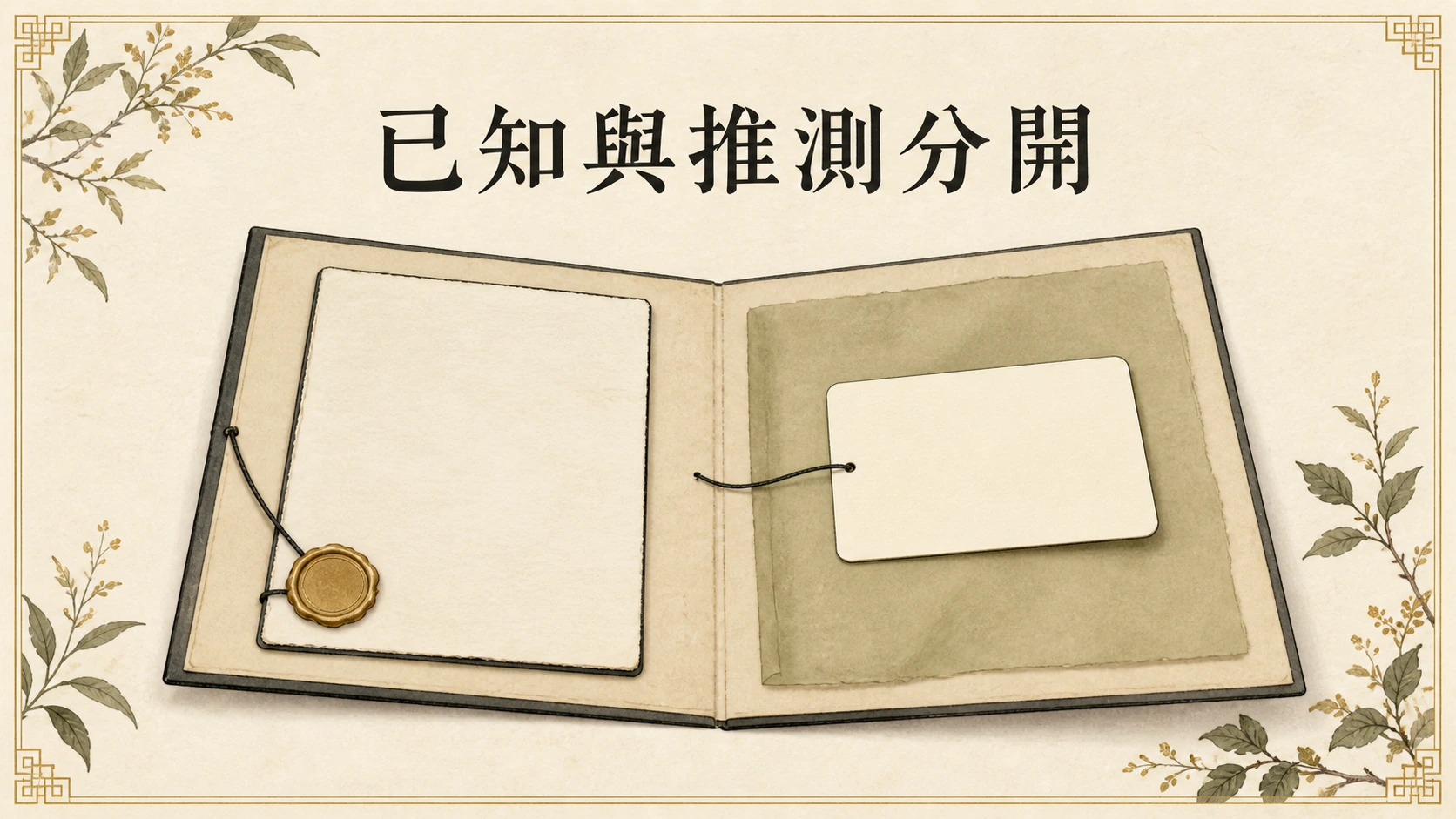 打開的資料夾以封存文件與半透明空白卡分成兩側,表示區分可確認與推測內容。