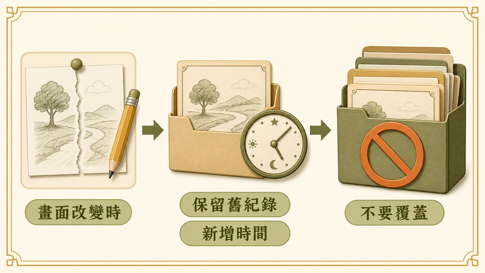 畫面改變時保留舊紀錄、再新增時間且不要覆蓋的流程圖