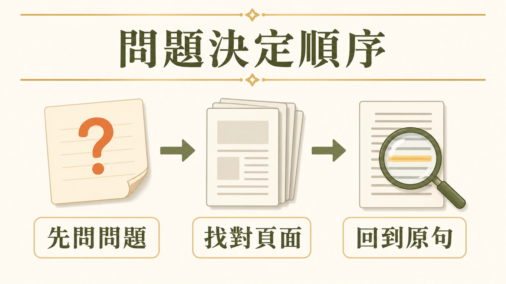 先問問題、找對頁面、再回到原句的閱讀順序流程圖