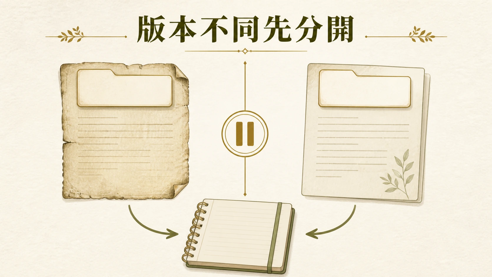 兩份版本文件分開、暫停比較後再記錄的圖解。