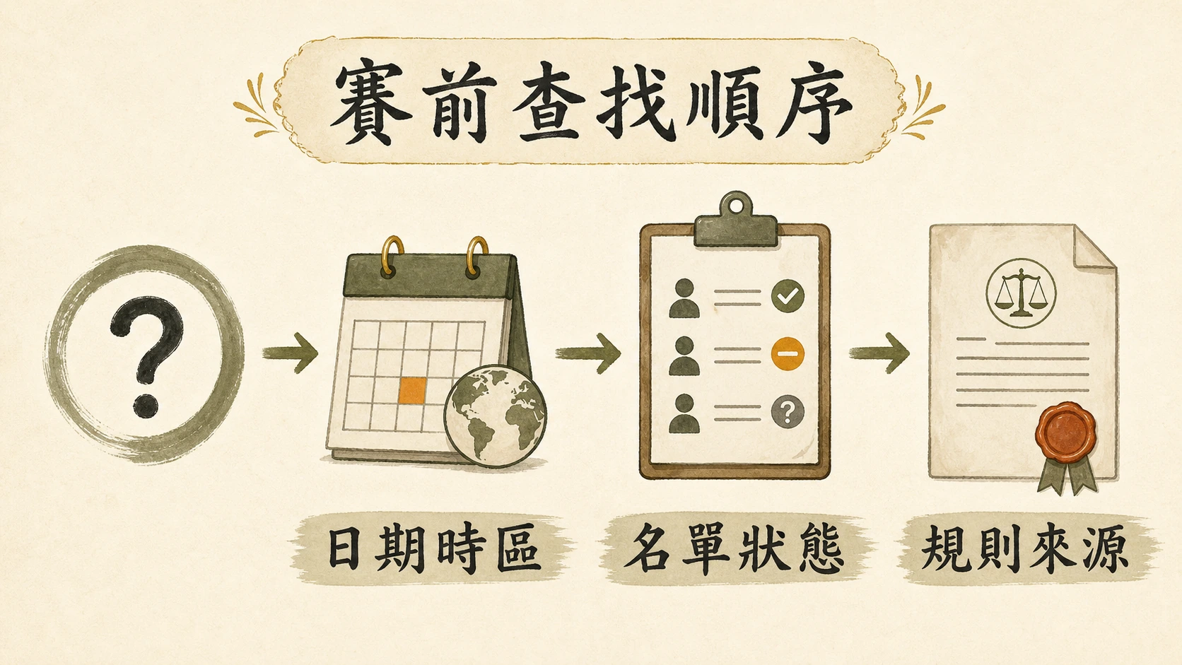 賽前查找順序流程圖：日期時區、名單狀態、規則來源。