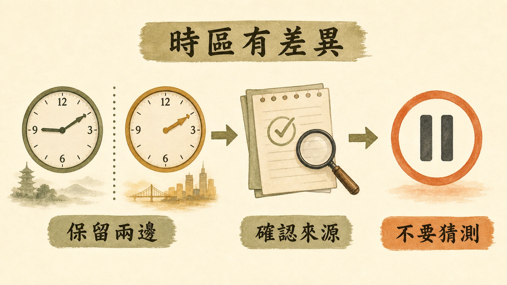 時區差異流程圖：保留兩邊、確認來源、不要猜測。