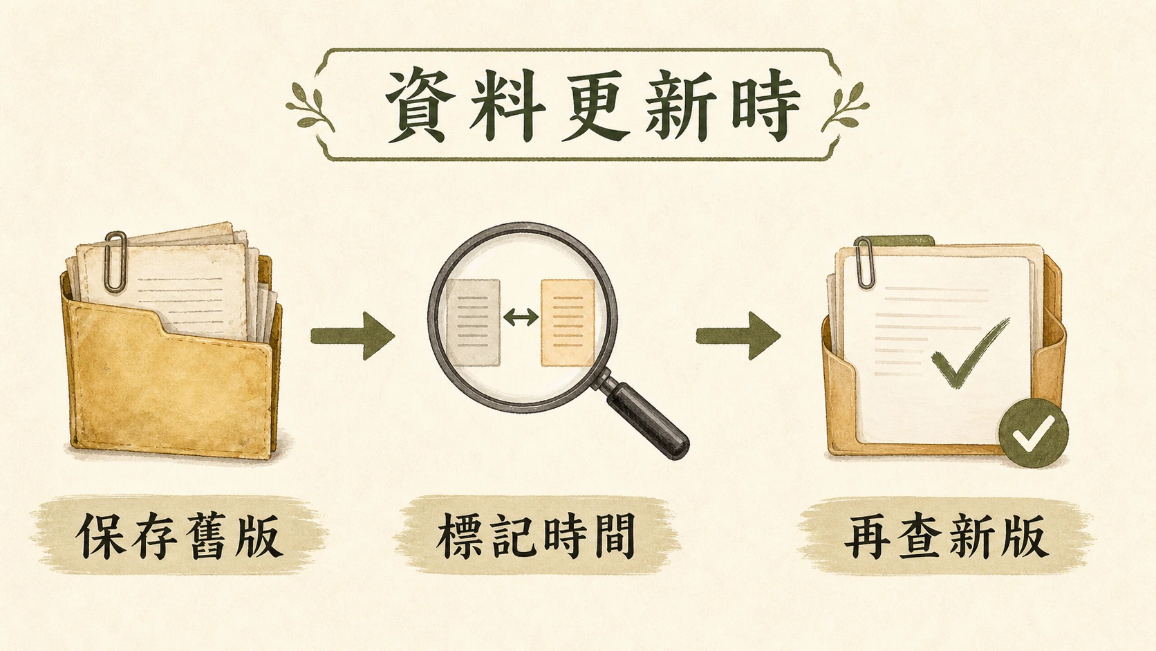 資料更新流程圖：保存舊版、標記時間、再查新版。