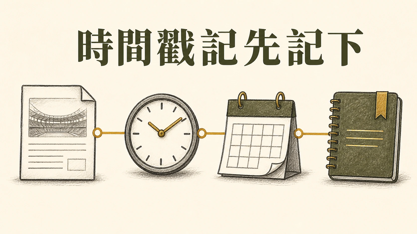 來源頁、時鐘、日曆與記錄筆記本的時間戳記流程圖。