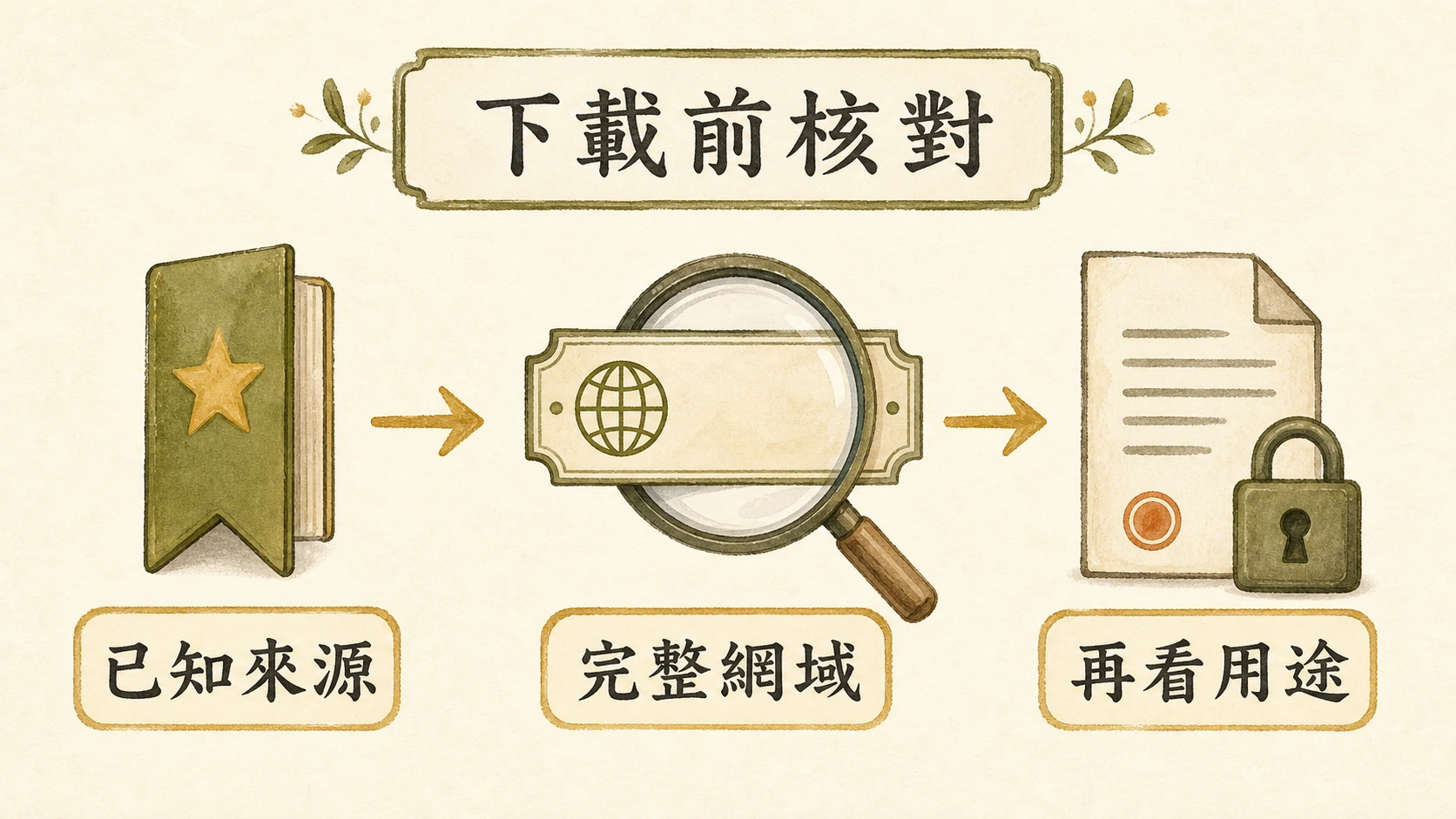 下載前核對流程圖：已知來源、完整網域、再看用途。