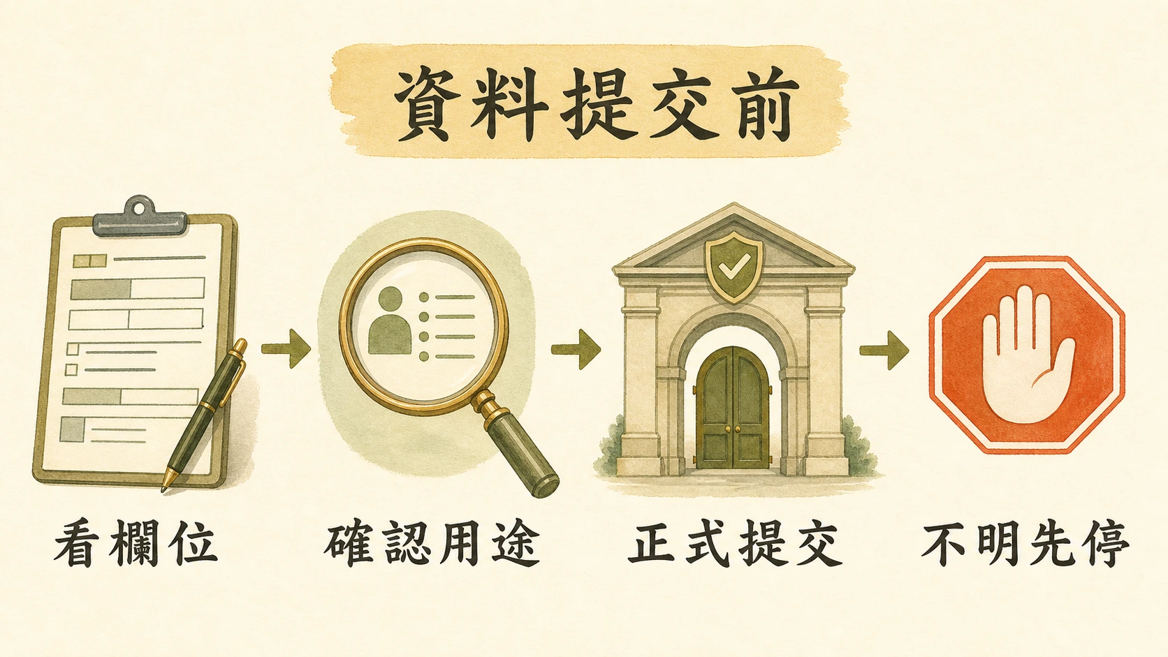 資料提交前流程圖：看欄位、確認用途、正式提交、不明先停。