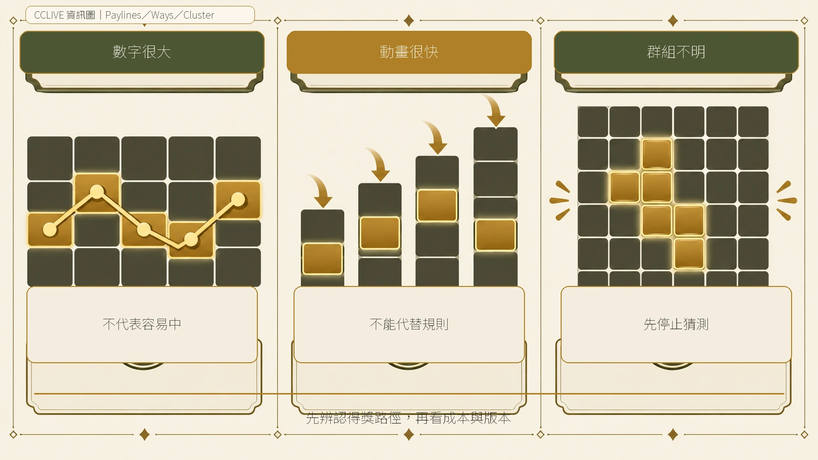 老虎機 Paylines、Ways、Cluster Pays的停止線決策圖,整理固定線、Ways 路徑與Cluster 群組的核對方式