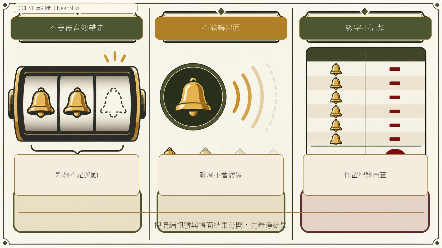Near Miss 與輸局包裝的停止線決策圖，整理投入、回報與淨結果的核對方式